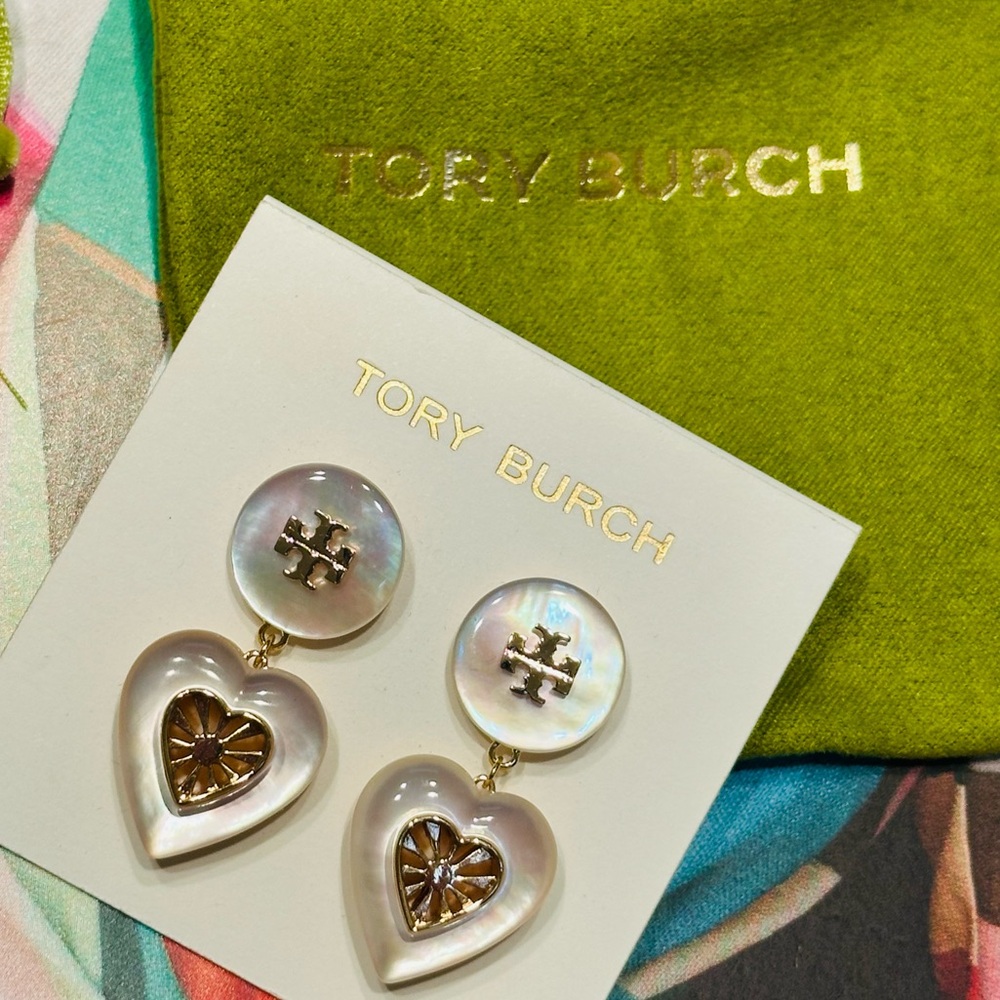 NWT Tory Burch Celestial Heart Shape Mother Of Pearl Drop Earring - Picture 2 of 8
